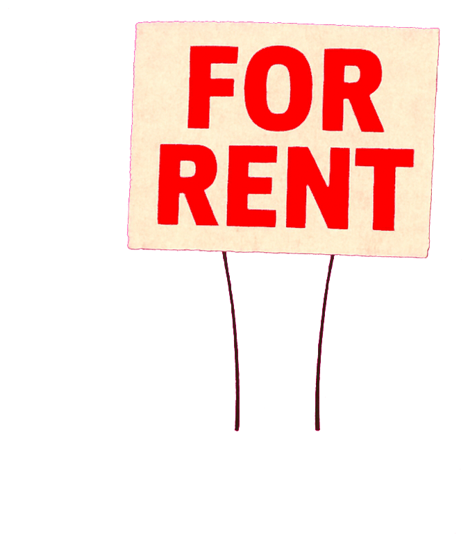 a lone FOR RENT yard sign on a bent wire stake, planted alone in a flat pink field, nothing else around it
